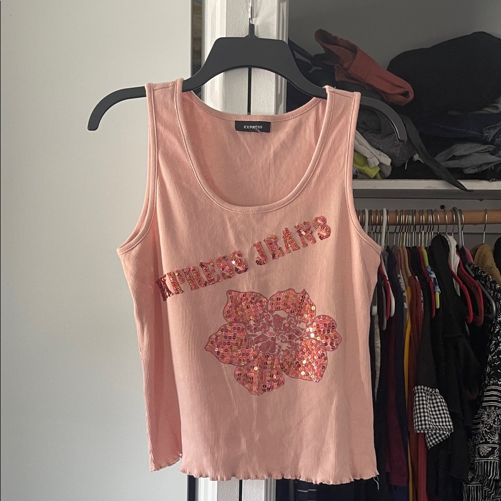 Express Light Pink Sequin Floral Ribbed Tank Top